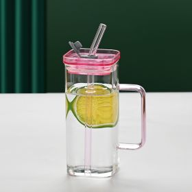 1 Pcs Pink Glass Straw Cup, 6 Colors Square Glass Cup With Straw And Lid, High Borosilicate Glass Cup, Milk Cup, Juice Cup, Cold Drink Cup, Coffee Cup