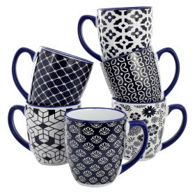 Elama Flyn 6 Piece 16 Ounce Assorted Design Stoneware Mug Set in Navy Blue and White
