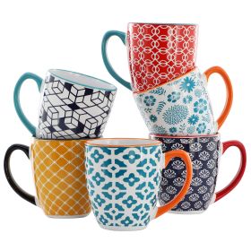 Elama Rory 6 Piece 16 Ounce Assorted Design Stoneware Mug Set in Assorted Colors