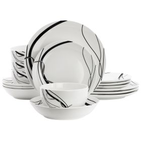 Elama Sarah 16 Piece Porcelain Black Ribbon Double Bowl Dinnerware Set, Service for 4 in White and Black