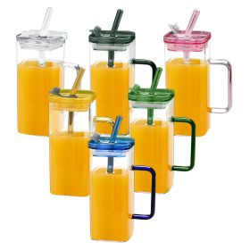 6 Pcs Glass Straw Cup, 6 Colors Square Glass Cup With Straw And Lid, High Borosilicate Glass Cup, Milk Cup, Juice Cup, Cold Drink Cup, Coffee Cup, Tea