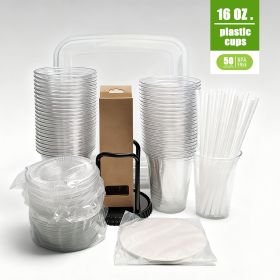50Pack 16oz Disposable Cups COMPLETE KIT With Lids  Straws Includes 15Quart Storage Bin, Glass Straws  Dispenser Rack  For Wedding, Catering, Party  C