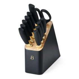 Beautiful 12 Piece Stainless Steel Knife Set Block Soft Grip Handles Black Sesame by Drew Barrymore