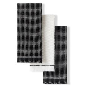 Gourmet Series Gridlines Kitchen Towels 3-Pack Set, 100% Cotton Absorbent, Matte Black, 18"x28"