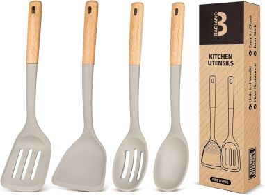 Silicone Cooking Utensils Set, Perfectly Angled for Frying, Mixing,Serving,Draining,Turning and Stirring, BPA-Free Matte Silicone, Wood Handles