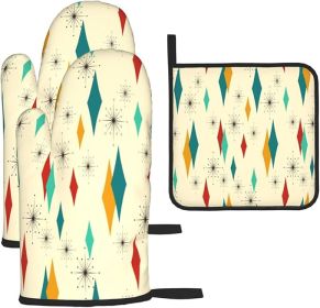 Mid Century Modern Oven Mitts and Pot Holders Set Heat Resistant Non Slip Set of 3 Retro Decor Kitchen Gloves Hot Pads for Cooking BBQ Baking Grilling