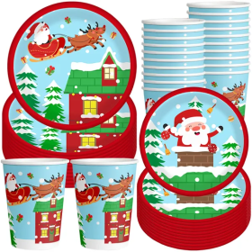 Christmas Paper Plates And Cups Set Decorations For 10 Guests Santa Claus Elk Pattern Plates And Cups