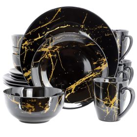 Elama Fine Marble 16 Piece Porcelain Dinnerware Set (Color: Black And Gold)