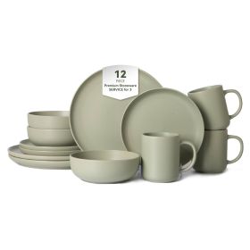 12-Piece Stoneware Dinnerware Sets with Mugs | Microwave & Dishwasher Safe | Non-Toxic Dinner Plates Bowls Set | Stackable Matte Glaze Kitchenware for (Main Material: Stone, Main Color: Green)