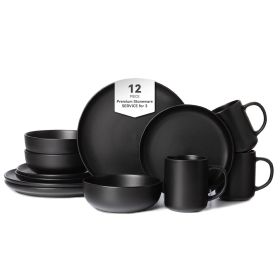 12-Piece Stoneware Dinnerware Sets with Mugs | Microwave & Dishwasher Safe | Non-Toxic Dinner Plates Bowls Set | Stackable Matte Glaze Kitchenware for (Main Material: Stone, Main Color: Black)